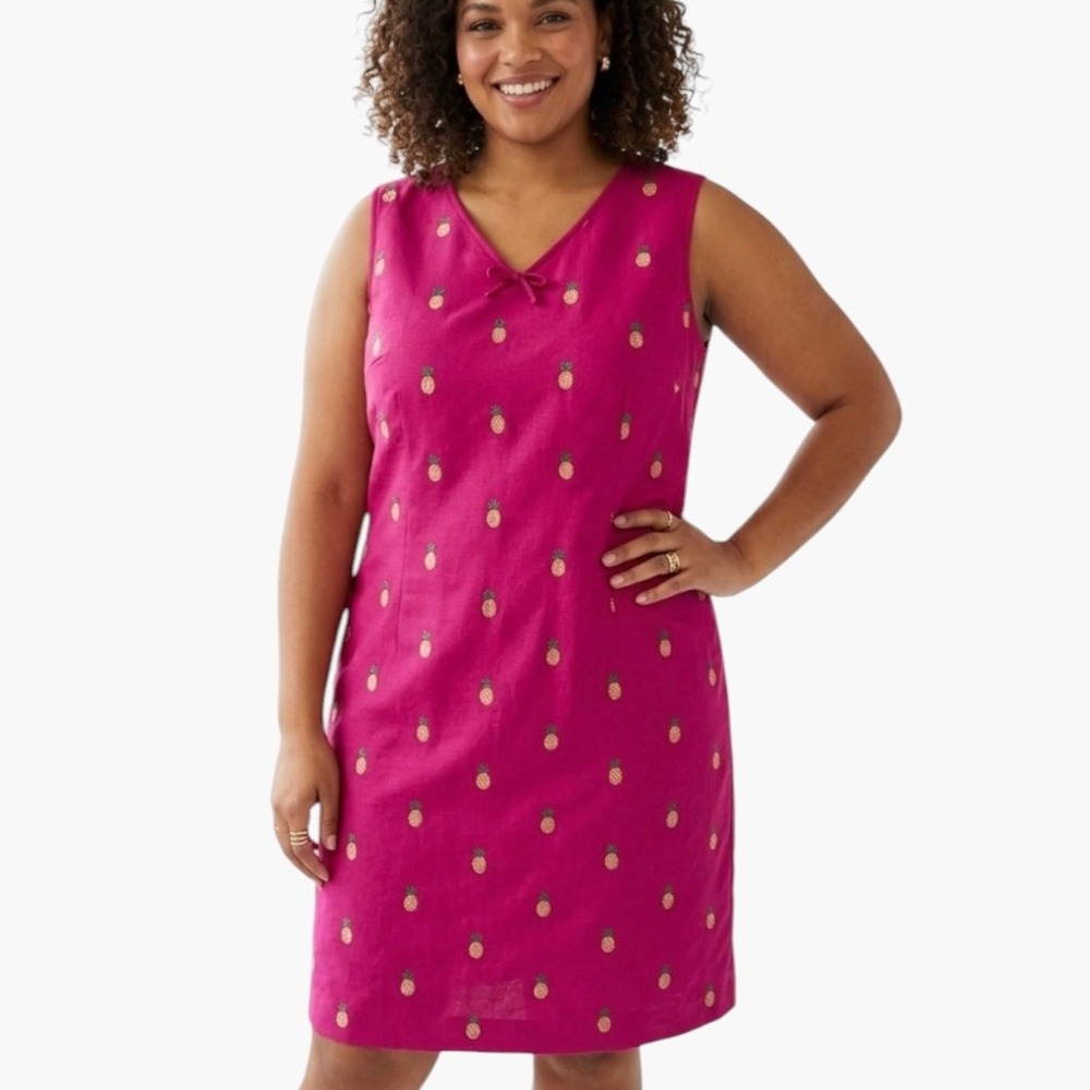 Talbots Pink Linen Pineapple Embroidered Shift Dress Sleeveless V-Neck Size 16